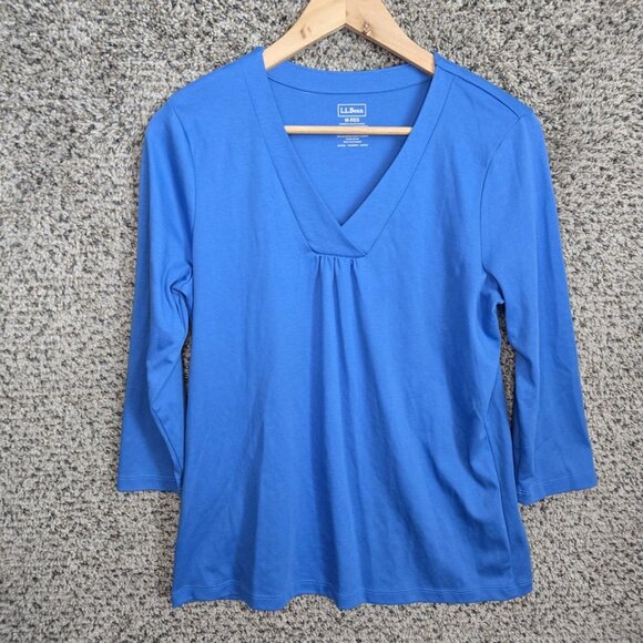 L.L. Bean Top Womens Medium Blue V Neck Supima Cotton 3/4 Sleeve Tee Casual - Picture 1 of 8